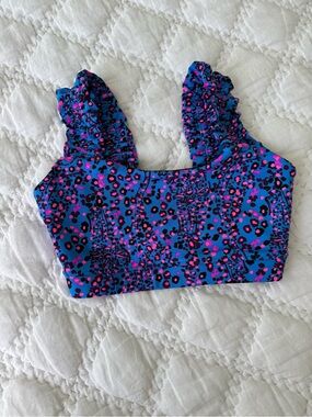 Lilly Pulitzer Blue & Pink Leopard-Print Ruffle-Strap Sports Bra